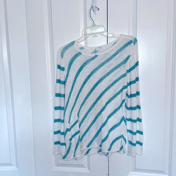 Habitat white w/ mint stripes scoop neck knitted, sweater, pocket, split hem, L - Picture 1 of 6